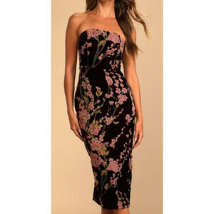 LULU'S  L Buy You Flowers Plum Floral Print Velvet Strapless Midi Dress NEW B24